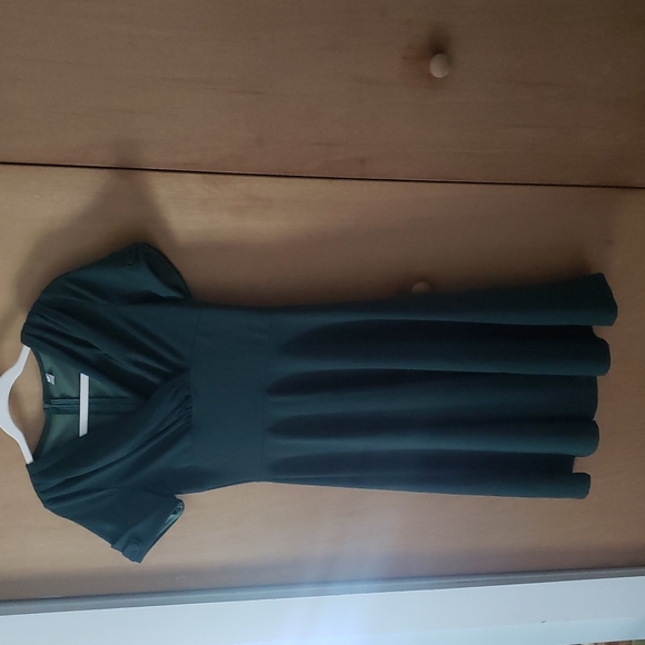 50s Vintage Dress Dark Green V Neck Short Sleeve - Picture 3 of 9